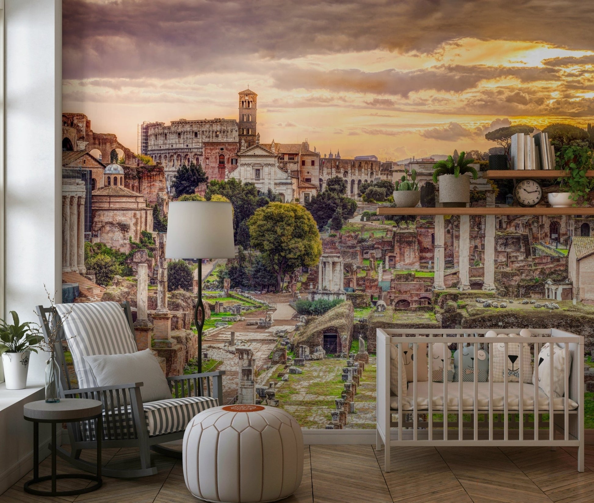 Artistic architectural wallpaper for a high-ceilinged foyer entry.