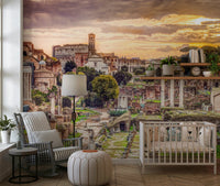 Artistic architectural wallpaper for a high-ceilinged foyer entry.