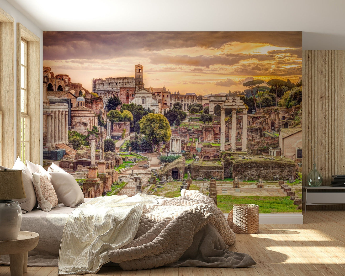 Detailed archaeological site wall mural in a contemporary flat.
