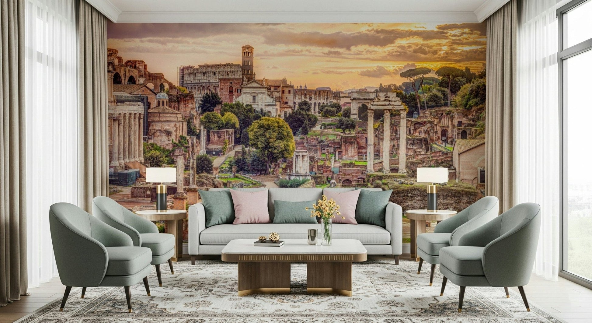 Historic landmark wallpaper for a sophisticated dining area backdrop.