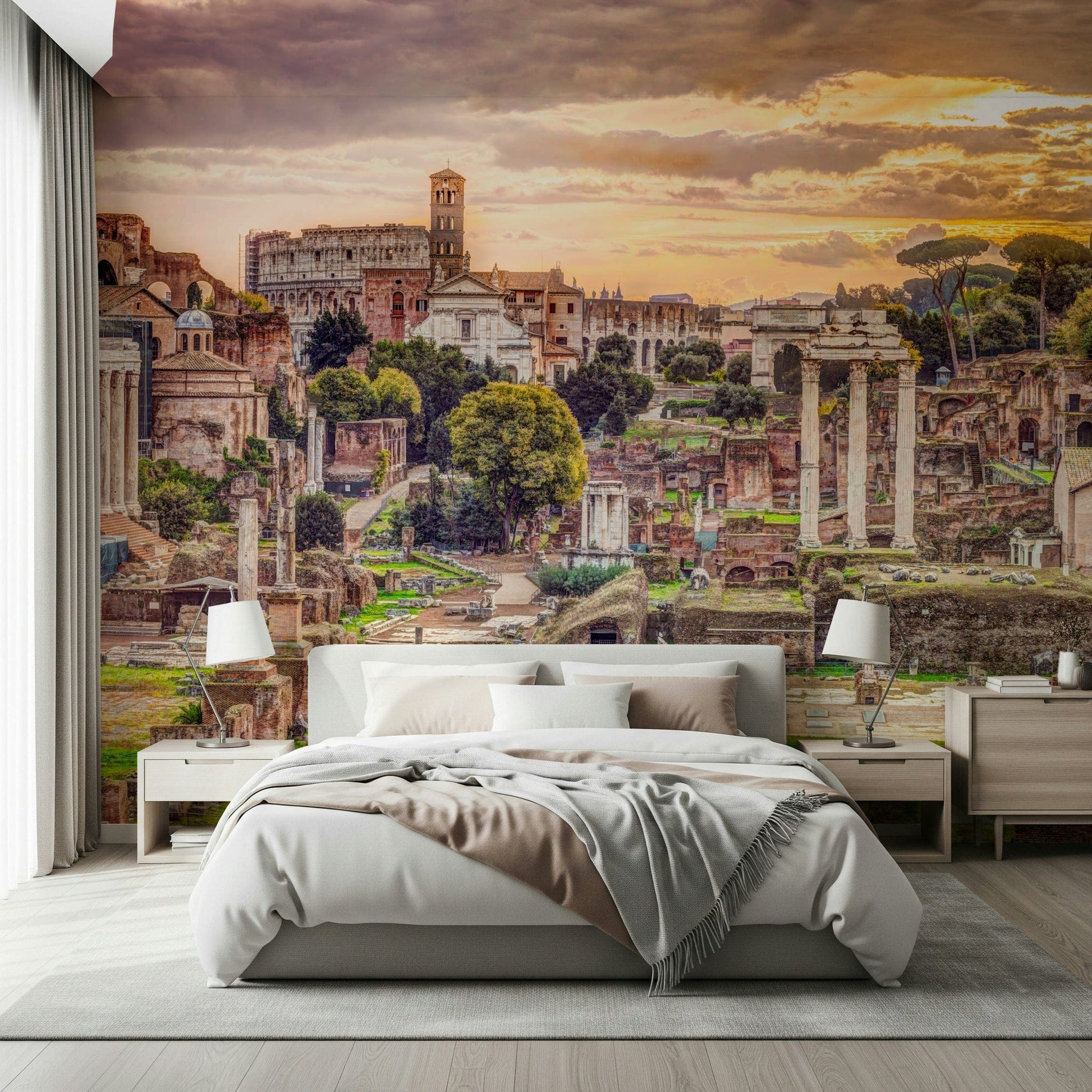 Ruins of the Roman Forum wallpaper for a hallway with warm lighting.