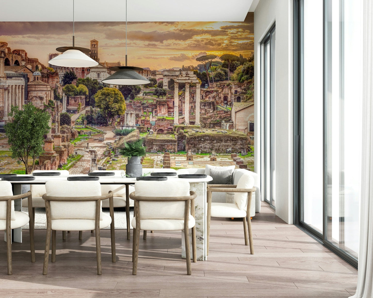 Ruins of the Roman Forum wall mural in a modern living room with neutral tones.