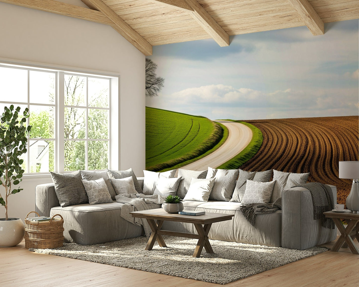 A beautiful modern landscape wall mural for a living room.

