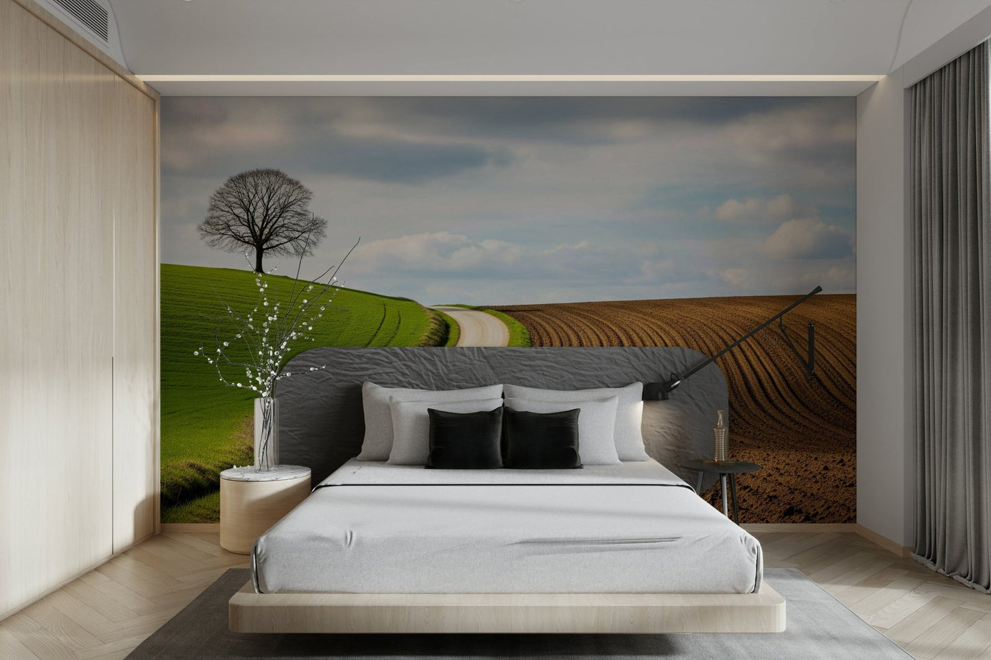 An artistic scenic vista mural on minimalist wallpaper.


