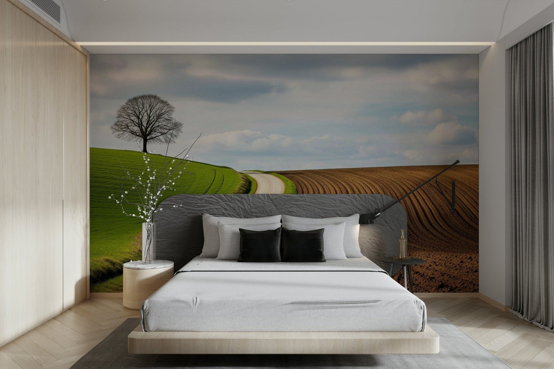 An artistic scenic vista mural on minimalist wallpaper.

