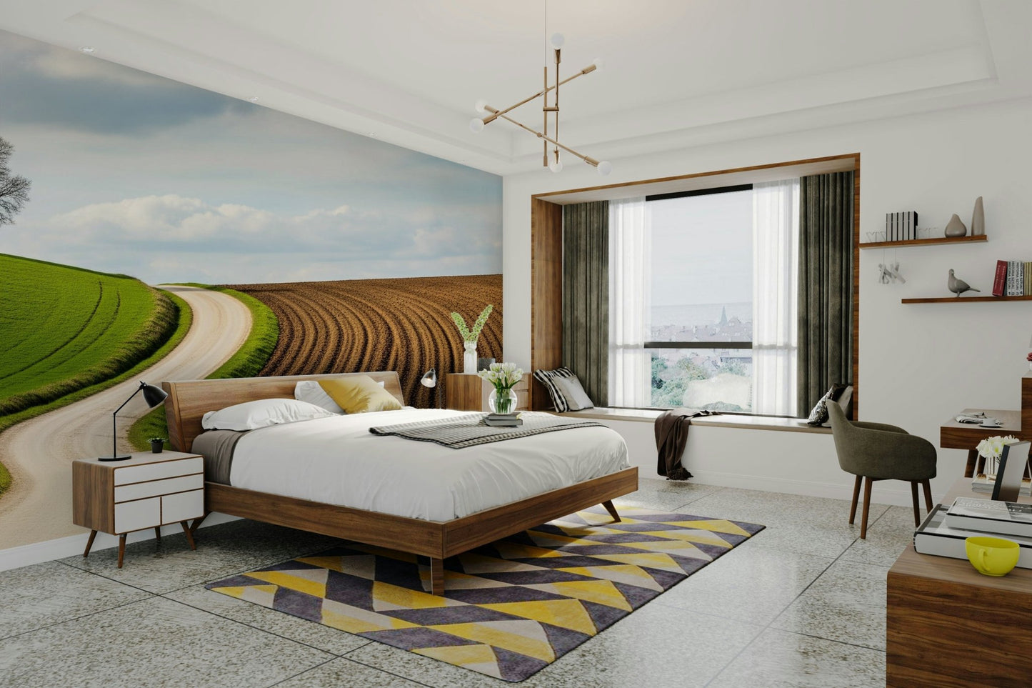 A calming open field wallpaper mural that defines a space.

