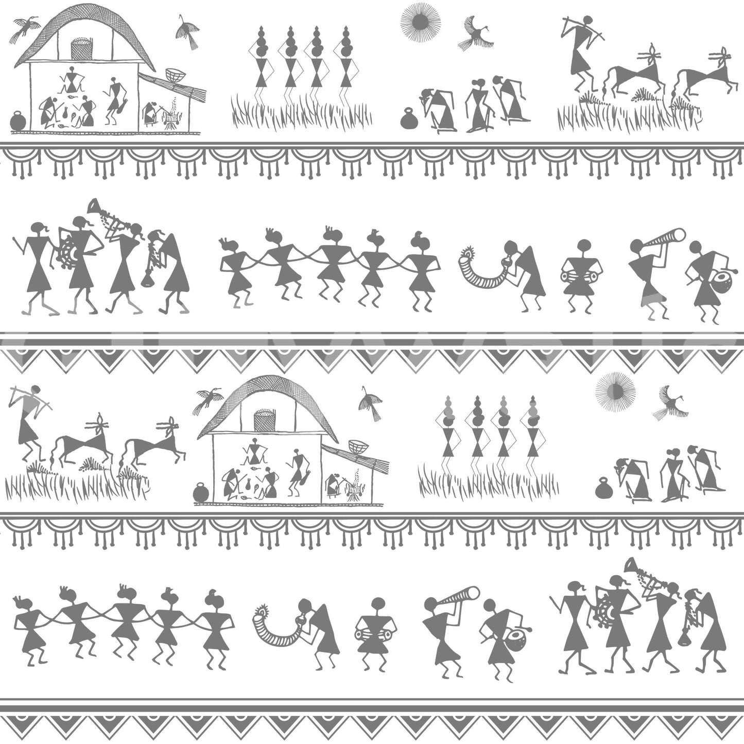 Artistic rural rhythm wallpaper showing traditional community life