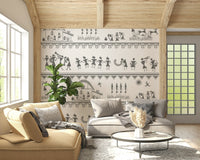 Hand-drawn rural figures and daily life wall mural design