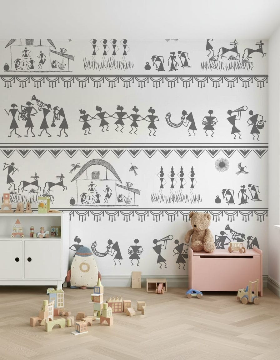 Traditional countryside scenes in monochrome wall mural
