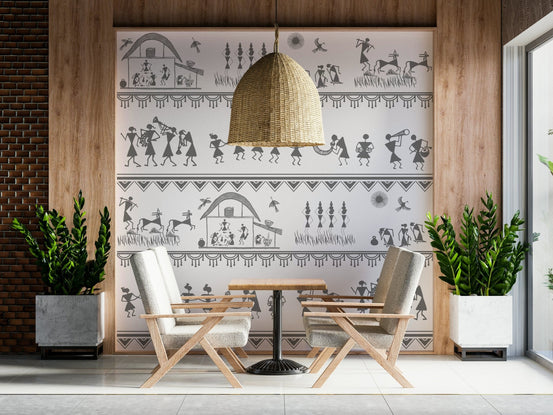 Traditional village life illustrated in rhythmic wall mural art, GD7561