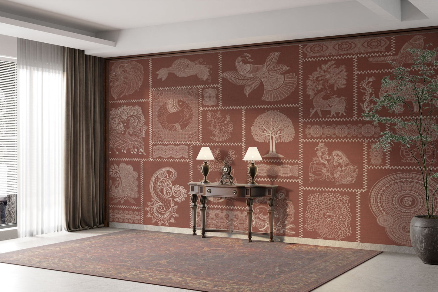 Warli-style animals on rust canvas

