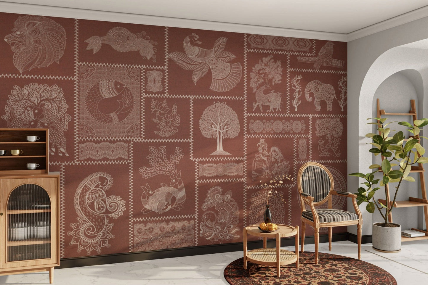 Rust-toned wallpaper with Warli design

