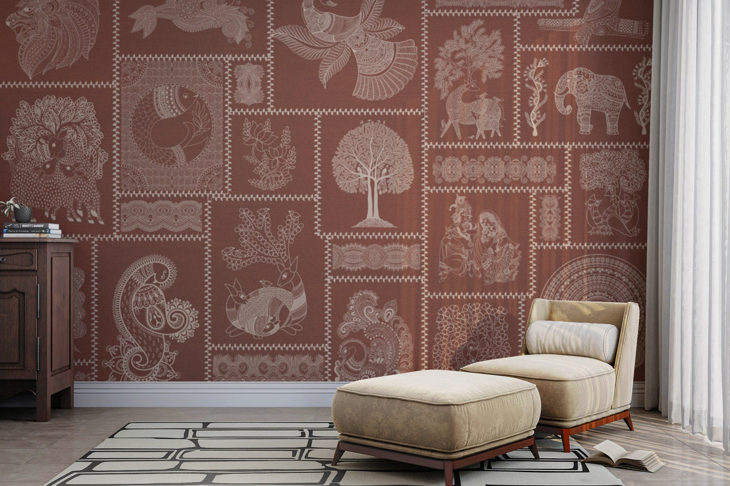 Hand-drawn Warli art on warm rust

