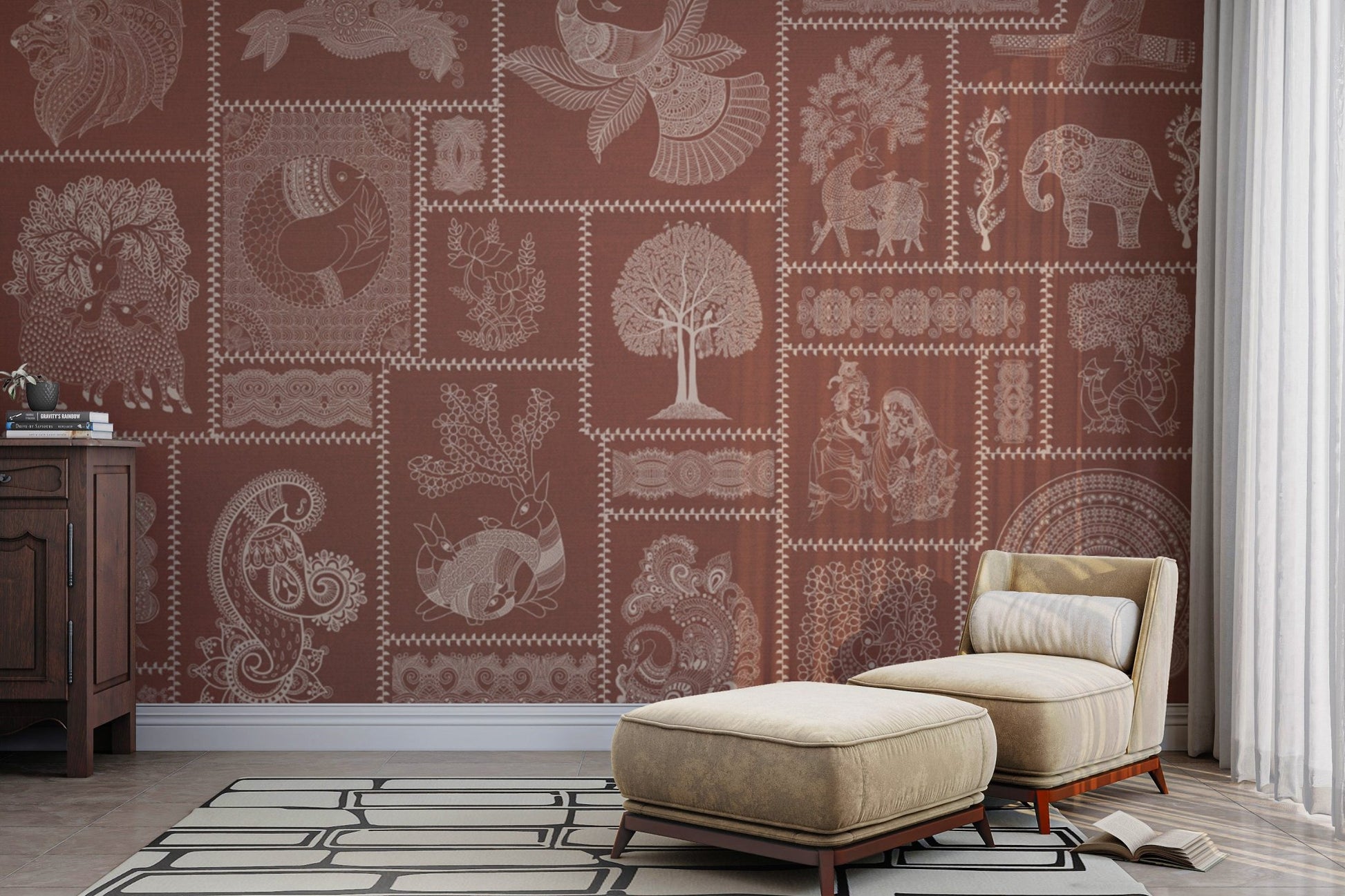Hand-drawn Warli art on warm rust

