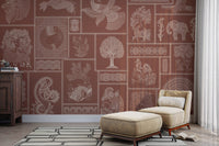 Hand-drawn Warli art on warm rust

