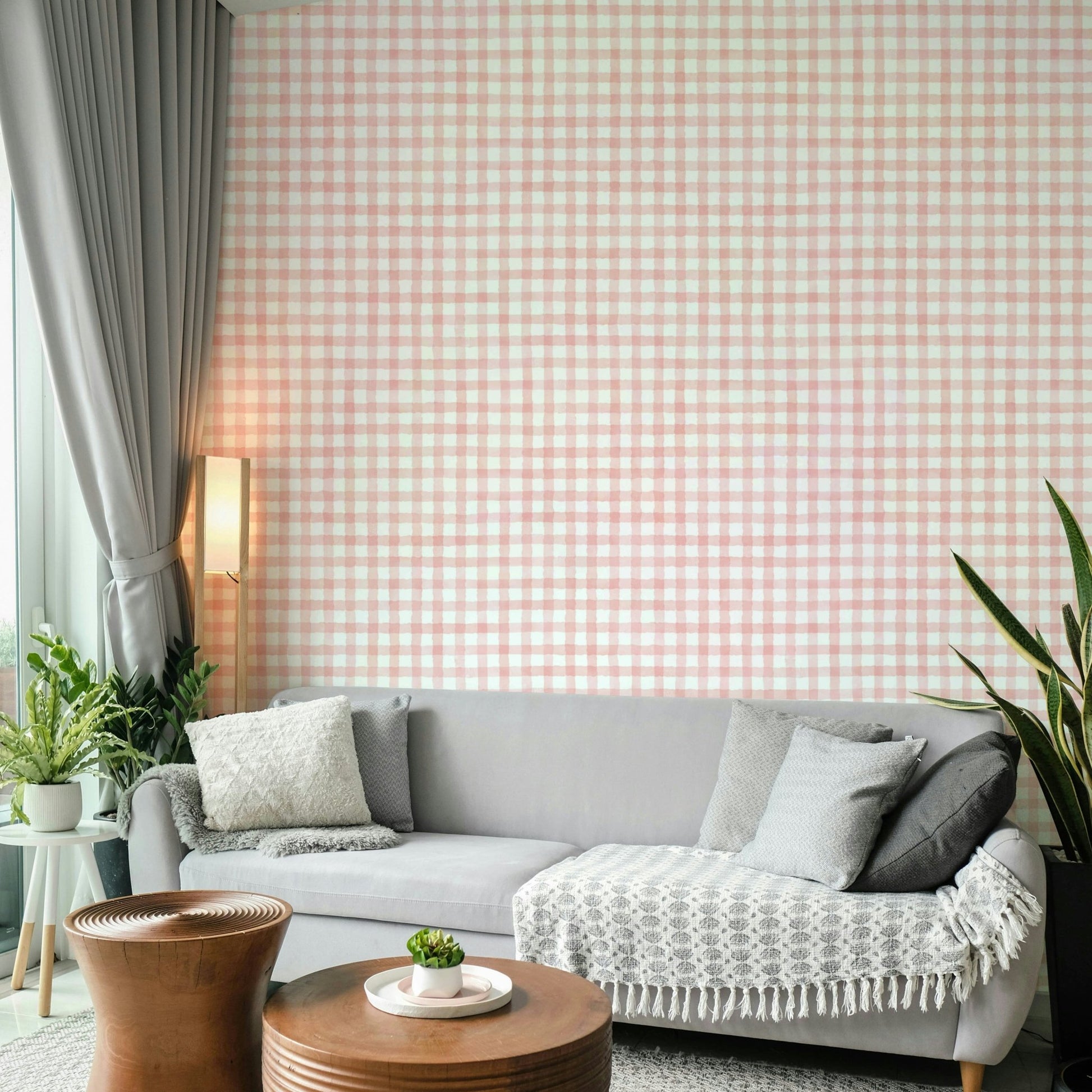 Wallpaper for walls with rustic baby pink check
