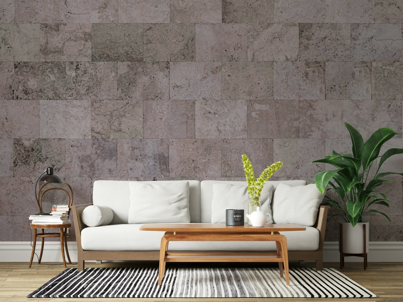 Living room with Rustic Block Wall Mural.