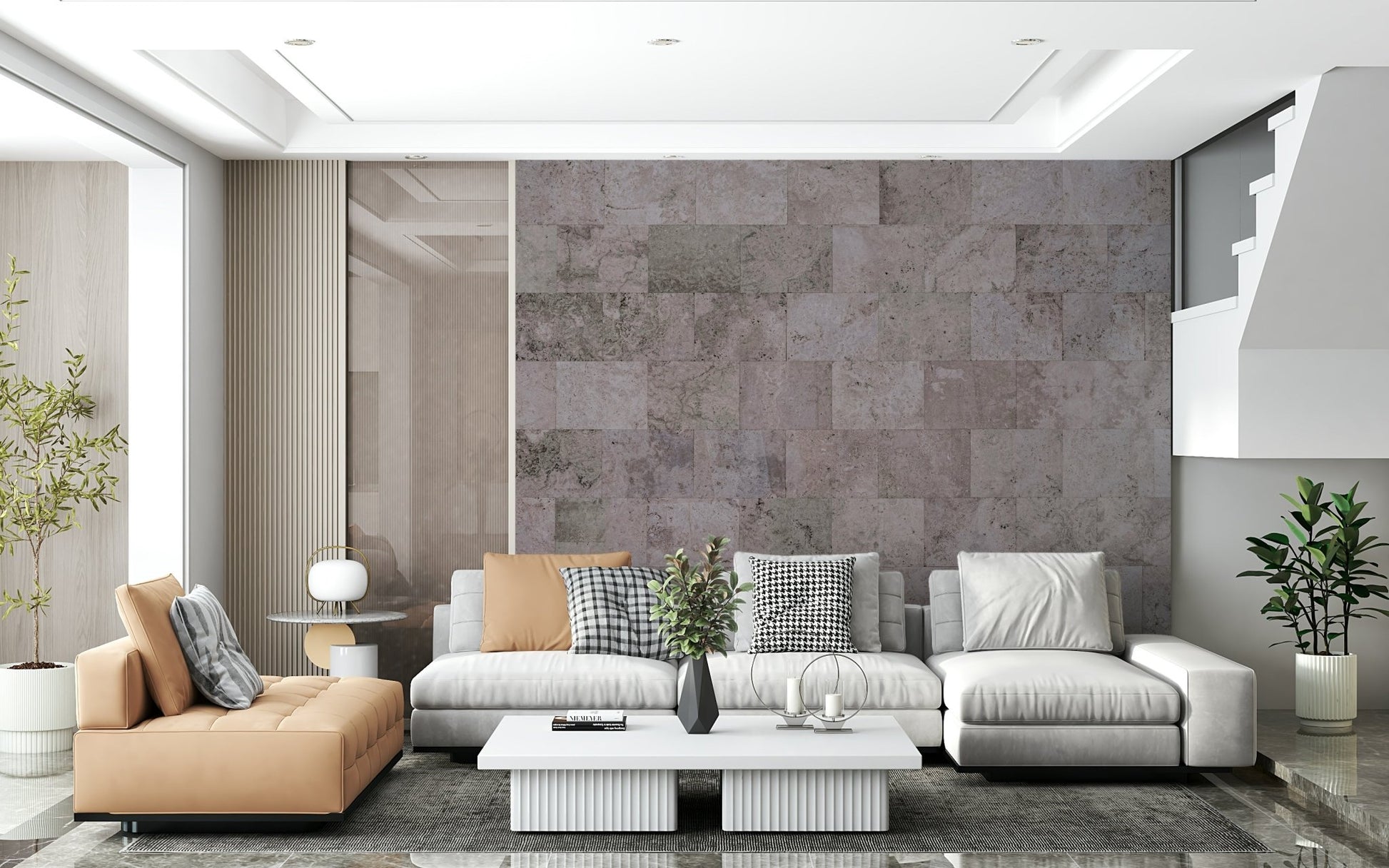 Sofa against the Rustic Block wallpaper mural.