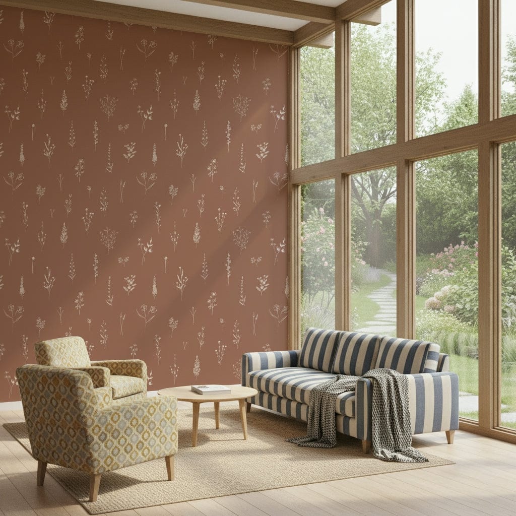 Textured terracotta background of the Rustic Bloom Sketch Wallpaper print.
