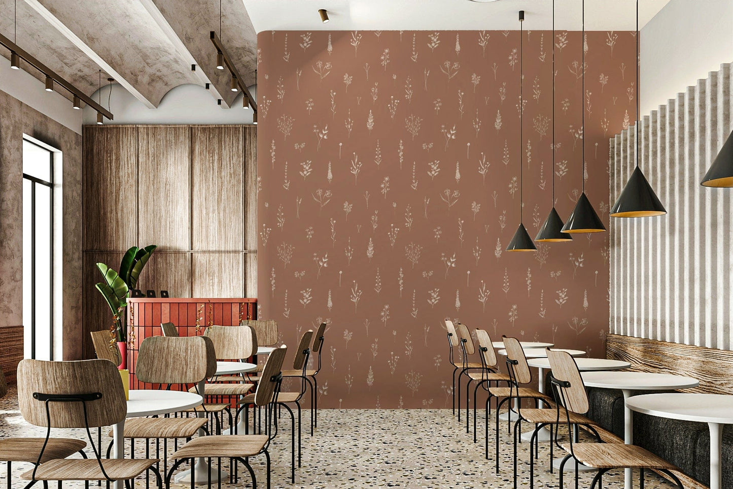 Delicate white wildflowers on Rustic Bloom Sketch Wallpaper print.