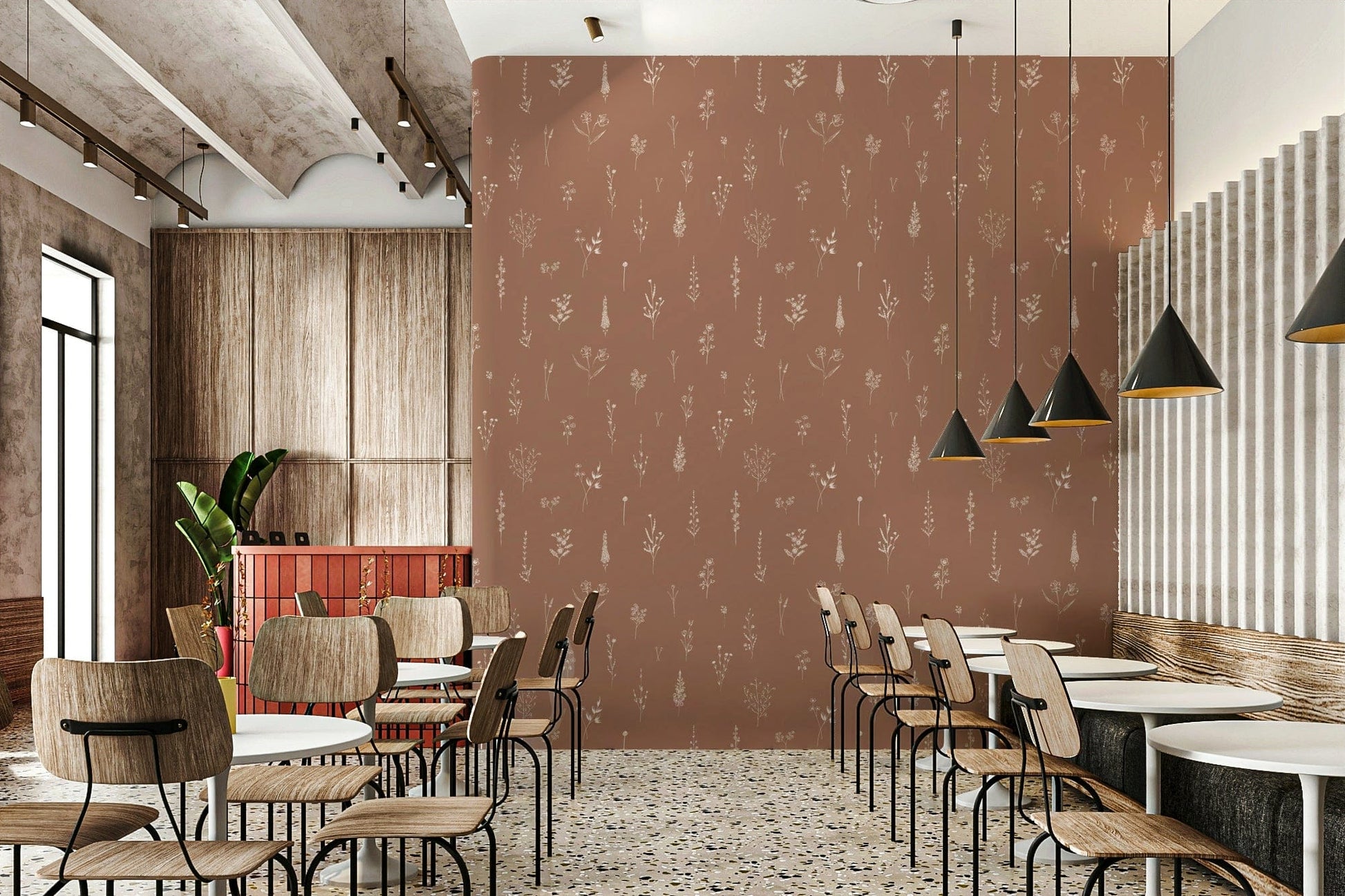 Delicate white wildflowers on Rustic Bloom Sketch Wallpaper print.