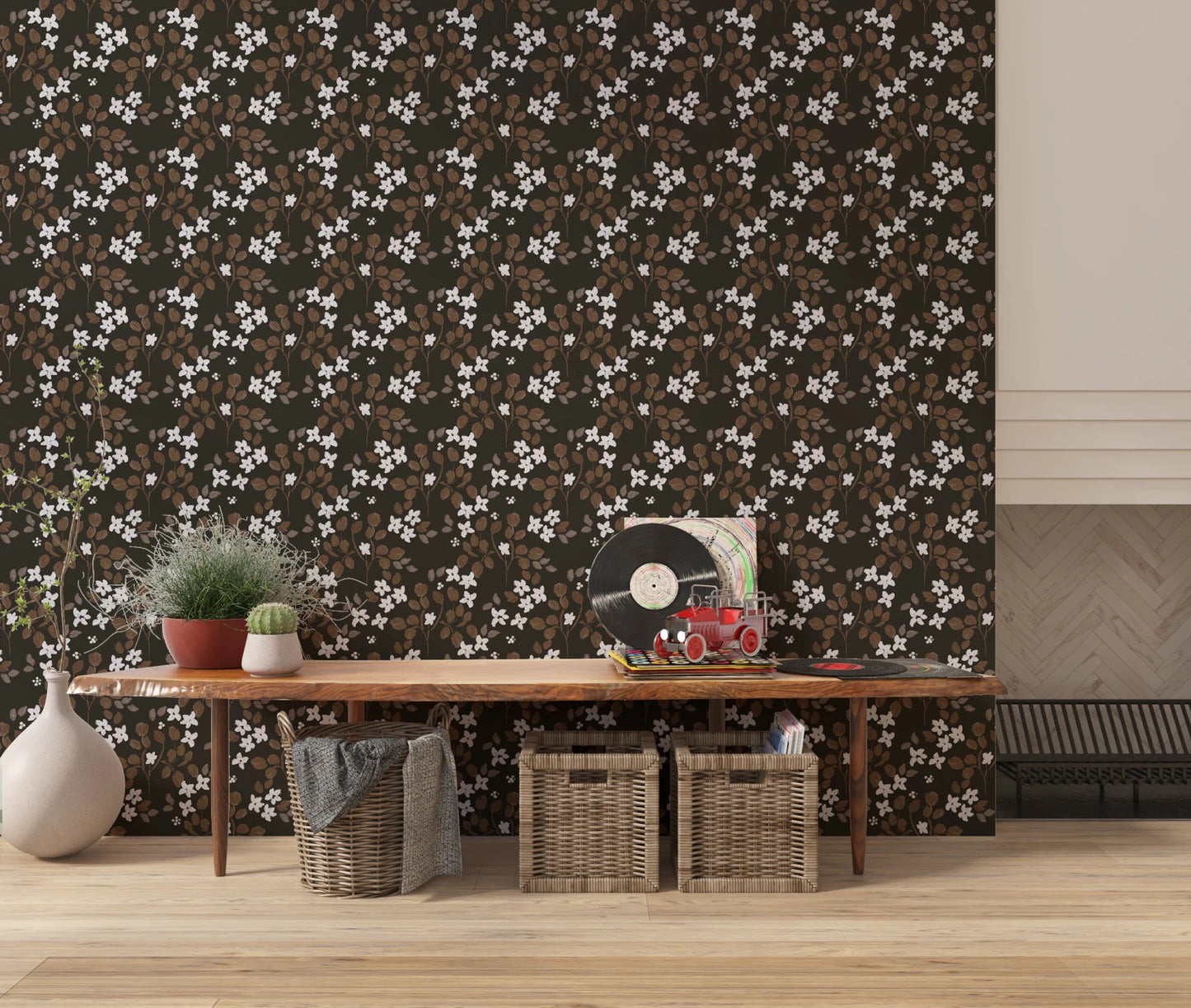 Home wall with Small white oil painted flowers Wallpaper in a rustic pattern, GD8806