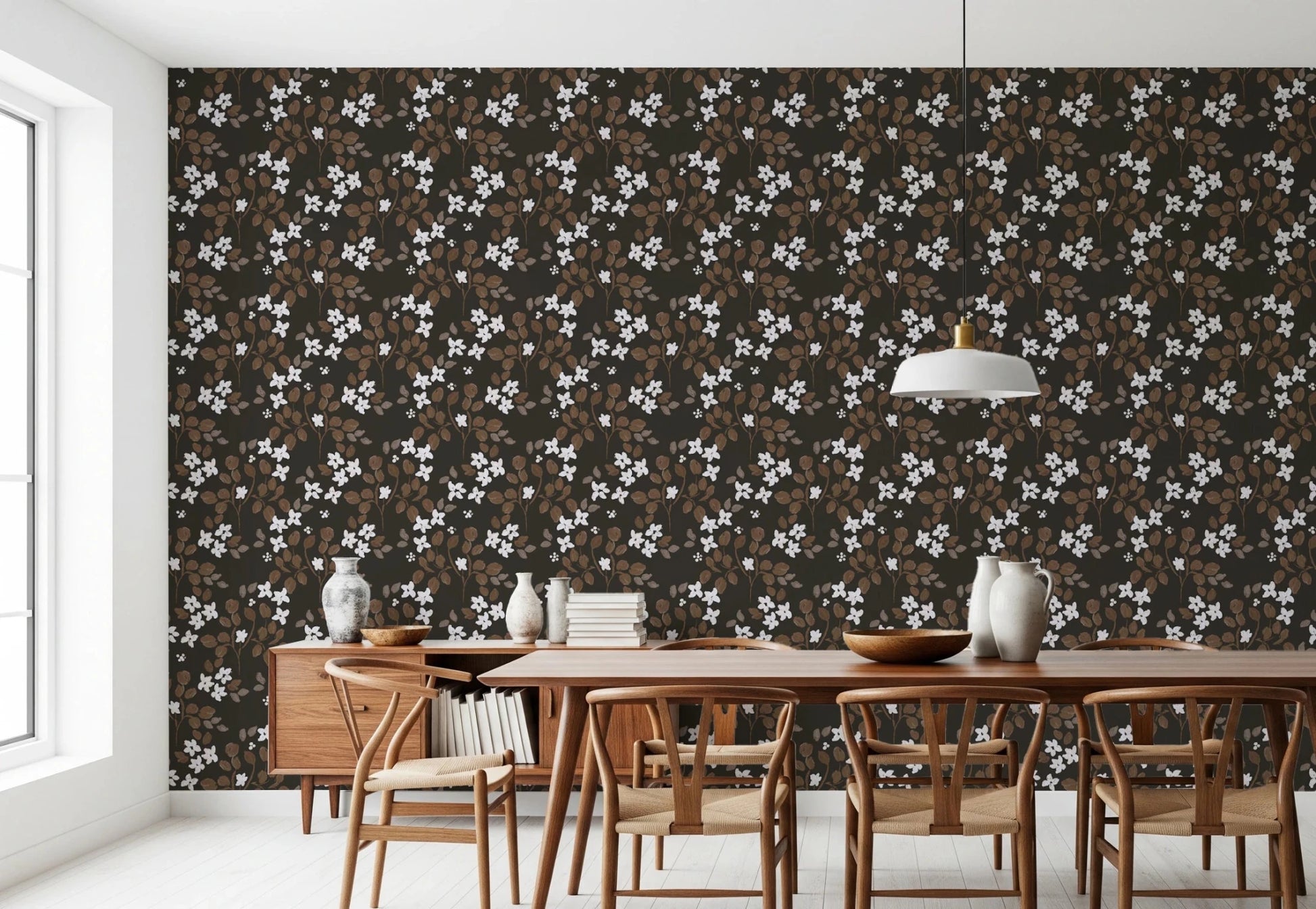 Dining room featuring Rustic Bloom oil painted flowers Wallpaper with brown leaves, GD8806