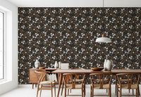 Dining room featuring Rustic Bloom oil painted flowers Wallpaper with brown leaves, GD8806