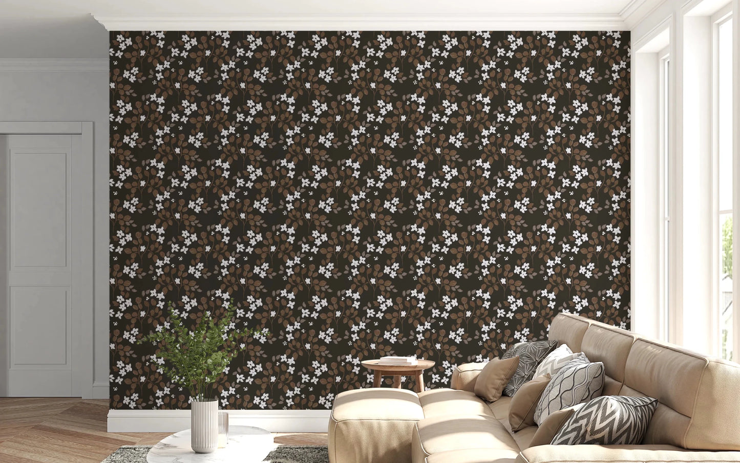 A dark floral repeat gives Rustic Bloom oil painted Wallpaper a warm look, GD8806