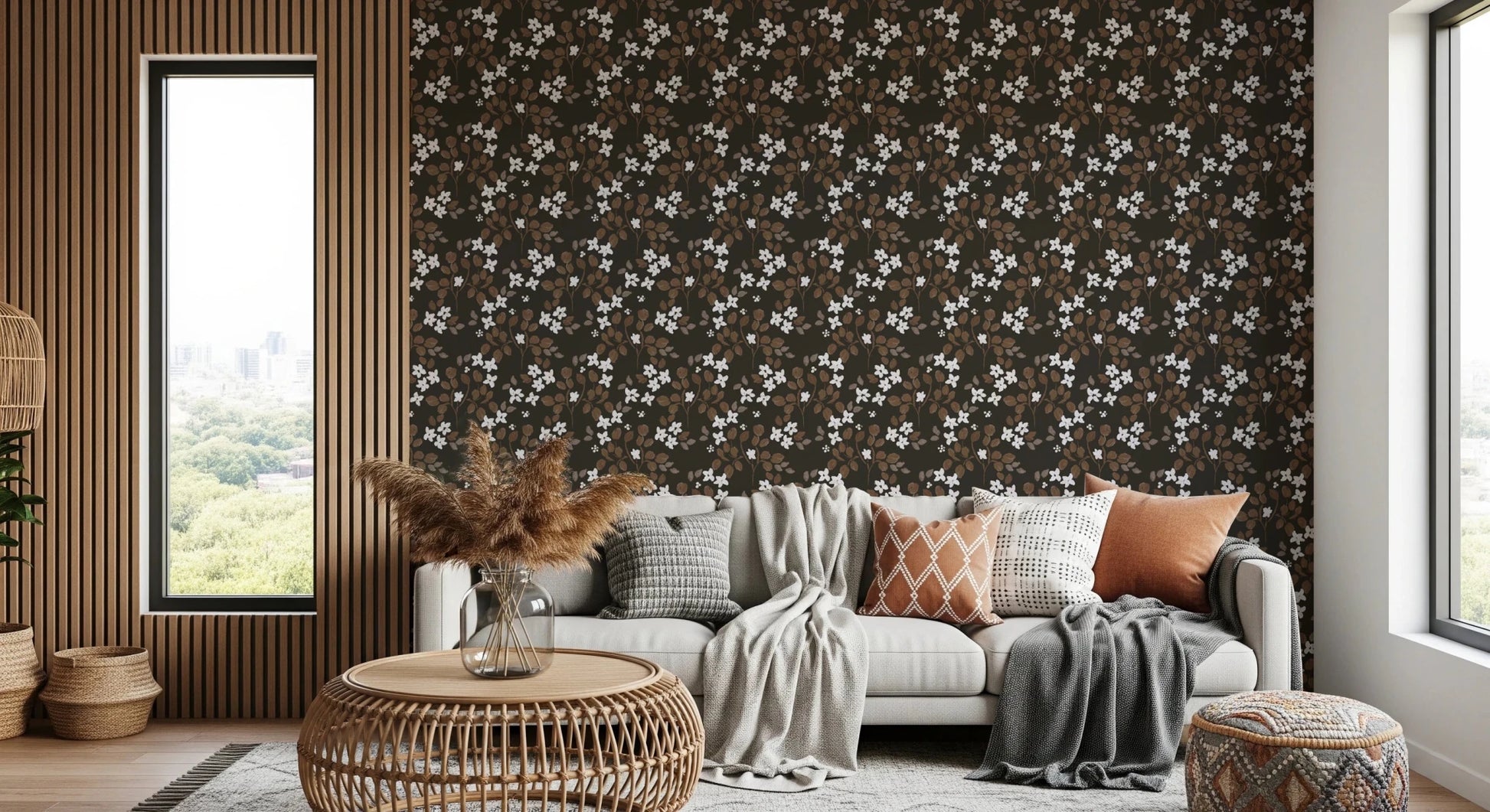 Living room with Rustic Bloom white oil painted flowers Wallpaper on a dark base, GD8806