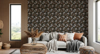 Living room with Rustic Bloom white oil painted flowers Wallpaper on a dark base, GD8806