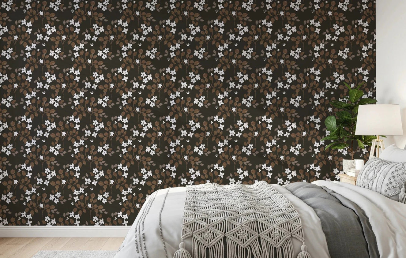 Delicate painted petals shape Rustic Bloom white flowers Wallpaper on a deep backdrop