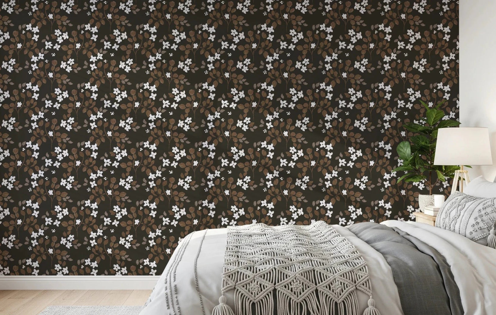 Delicate painted petals shape Rustic Bloom white flowers Wallpaper on a deep backdrop, GD8806