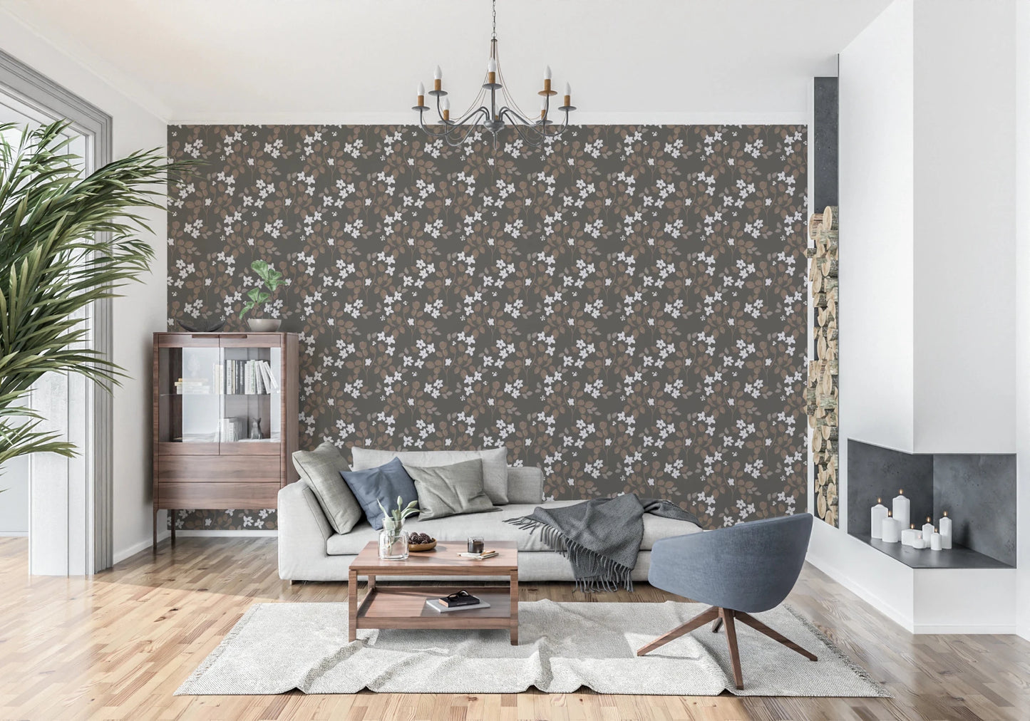 Soft white blossoms define this Rustic Bloom Wallpaper with earthy brown stems, GD8806