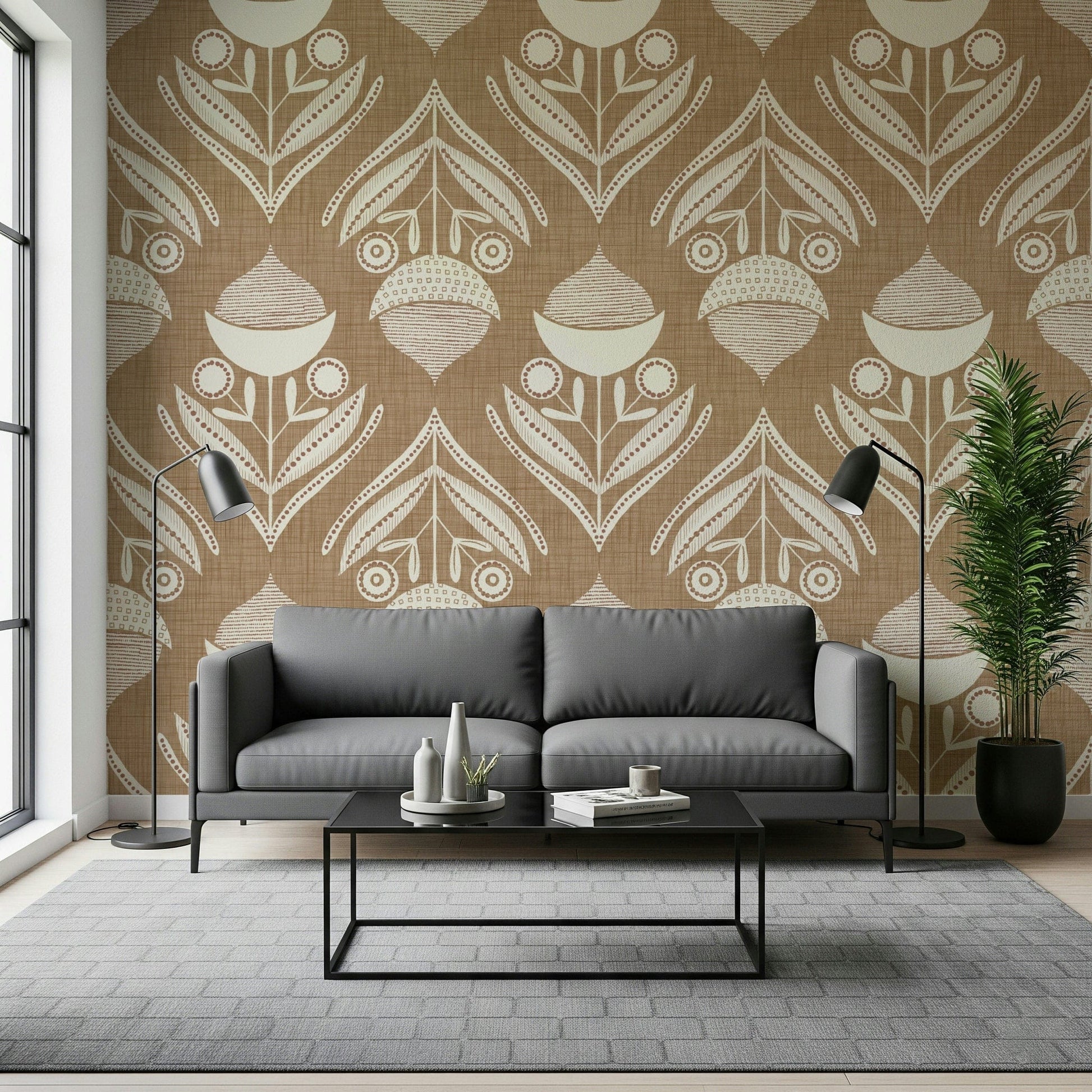 Tribal-style Rustic Bloom Wallpaper offers a cozy wall mural.