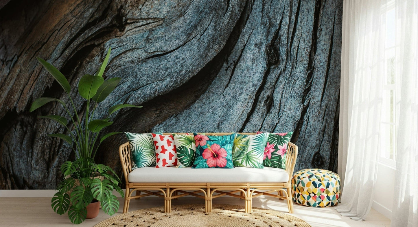 Detail shot of the worn paint effect on the Rustic Blue Wood wall covering.