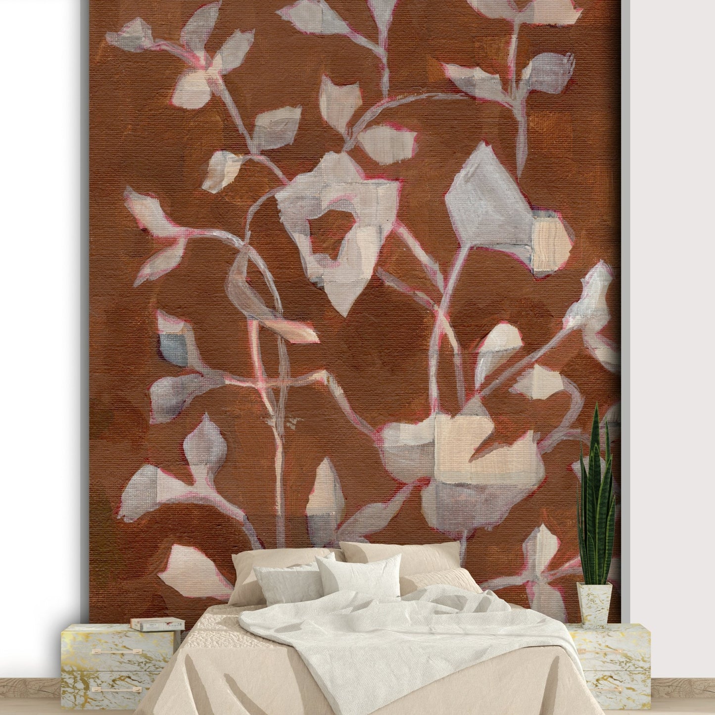 Close-up of rustic botanical mural texture

