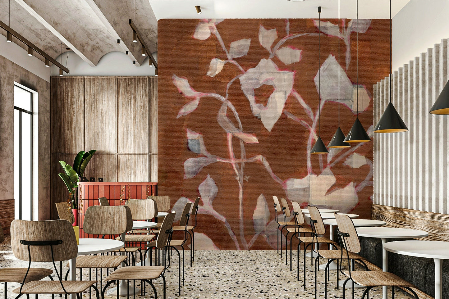 Wall mural featuring warm botanical designs

