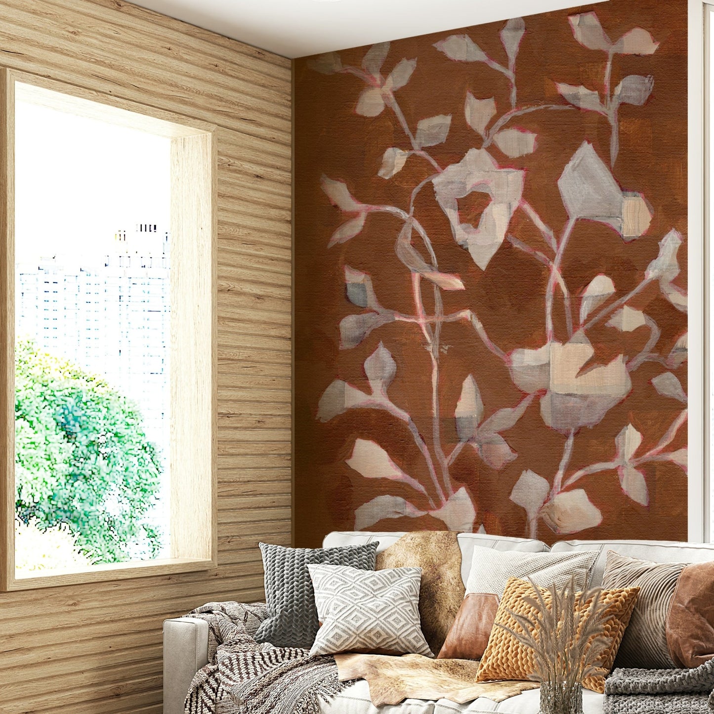 Living room accent with nature-inspired wallpaper

