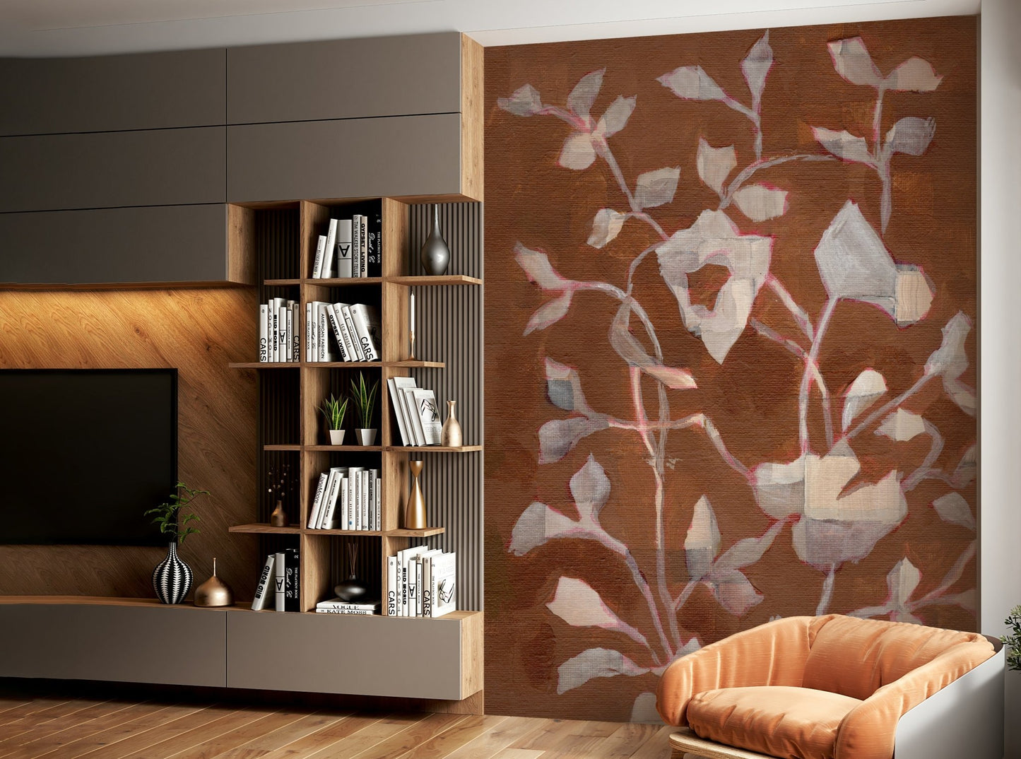 Hand-painted leaves and branches wallpaper

