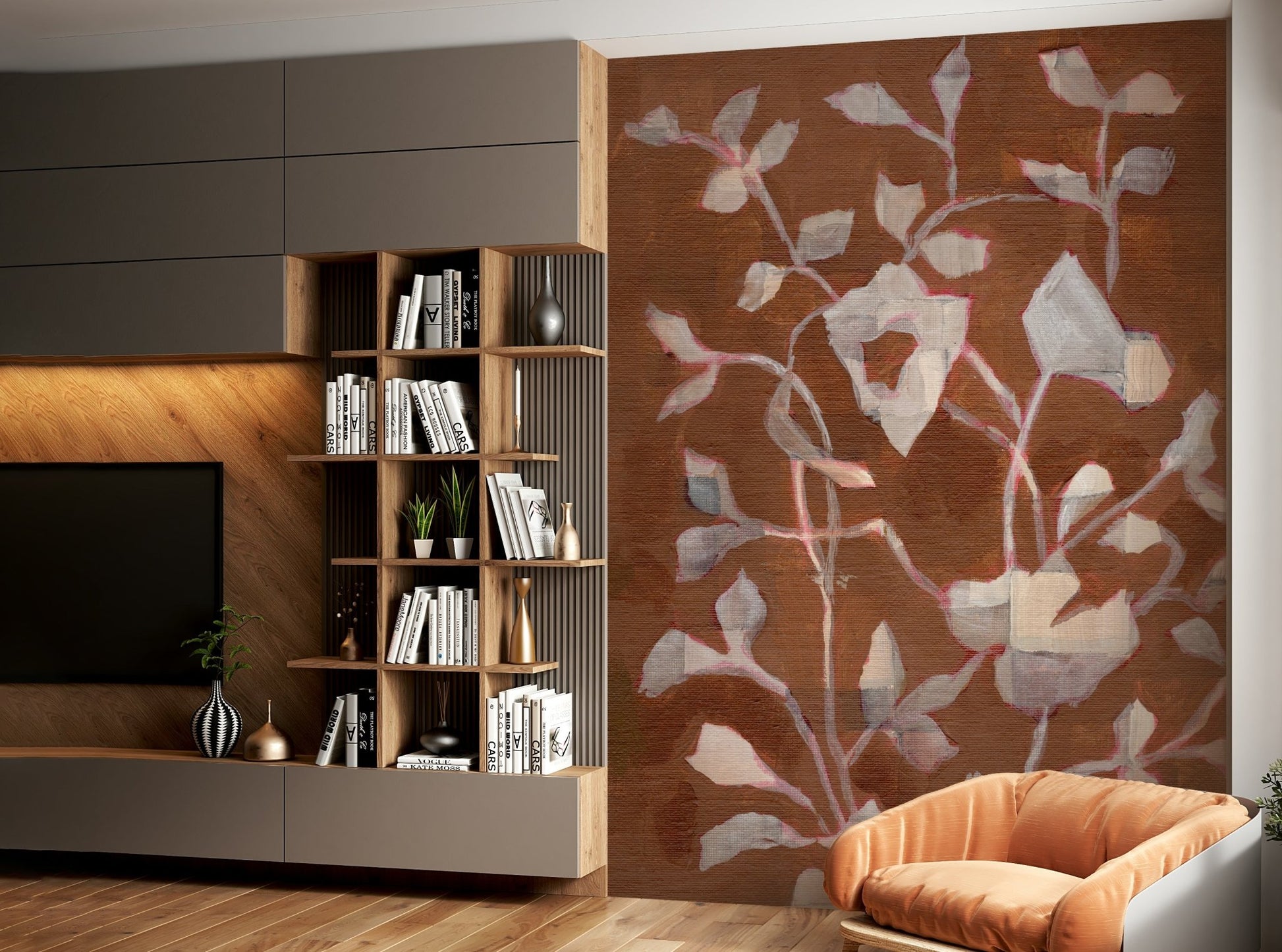 Hand-painted leaves and branches wallpaper

