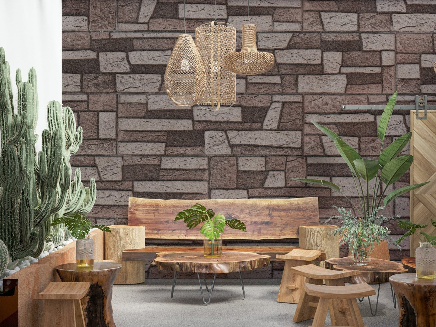 Cozy reading nook accented by the Rustic Brickwork Charm Wall Mural.