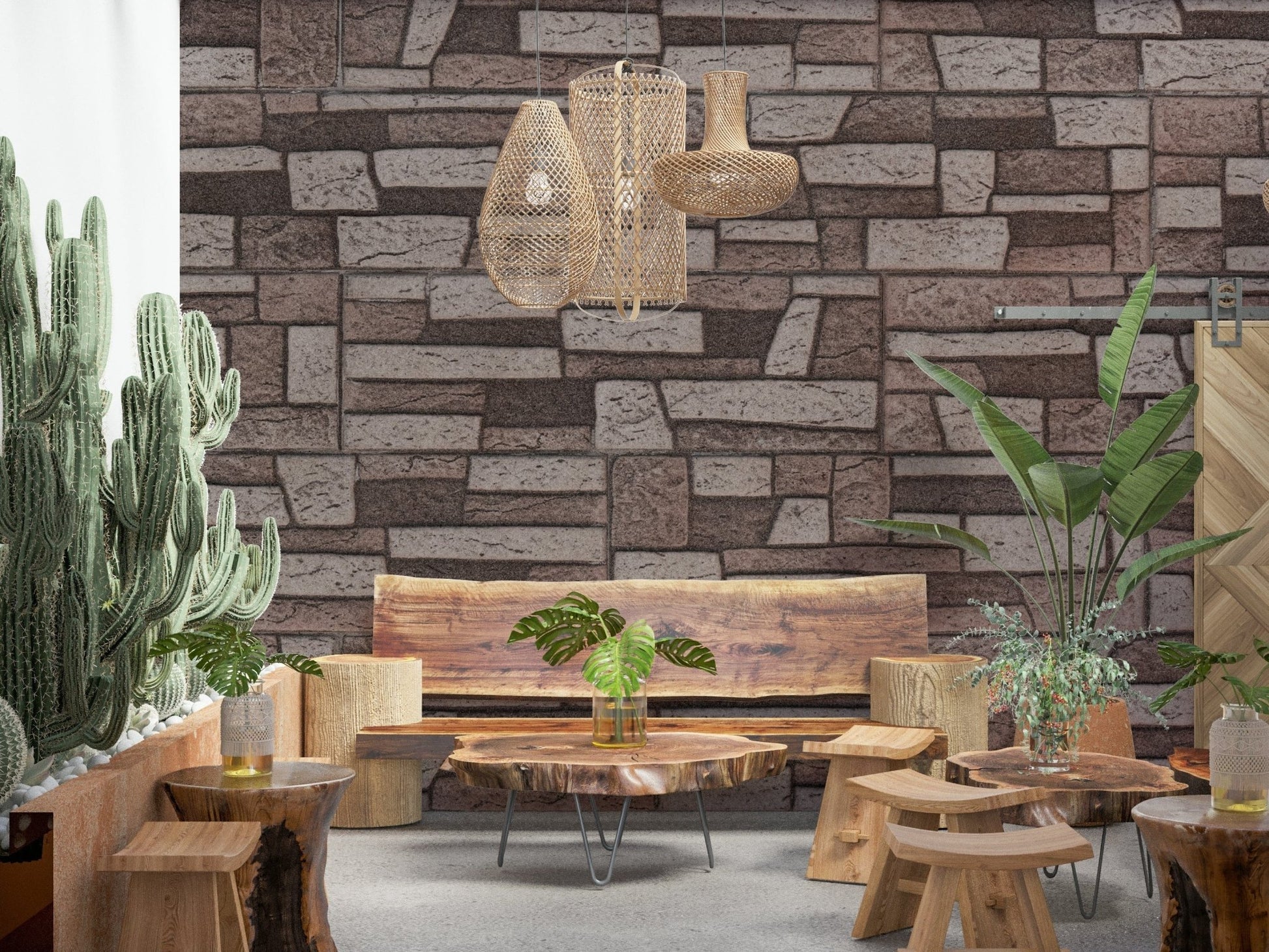 Cozy reading nook accented by the Rustic Brickwork Charm Wall Mural.