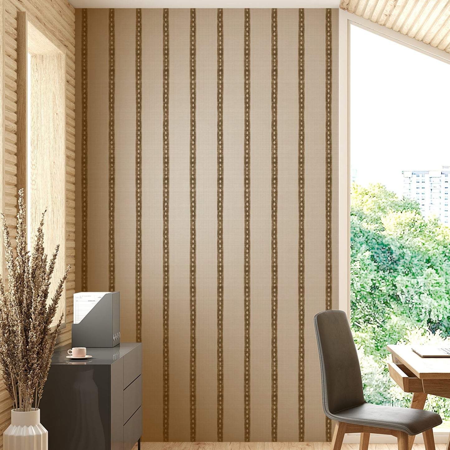 Earthy striped wallpaper for cozy interiors

