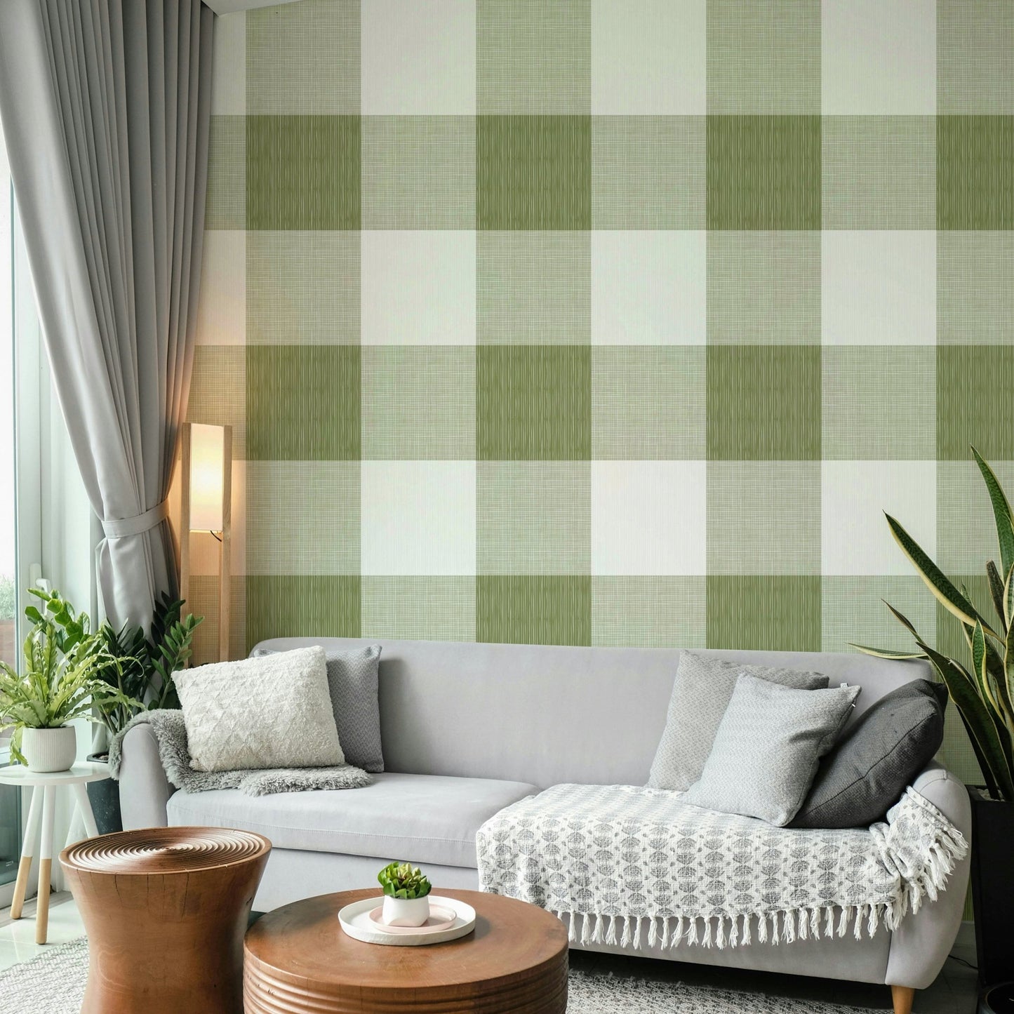 Earthy green plaid mural design GD696
