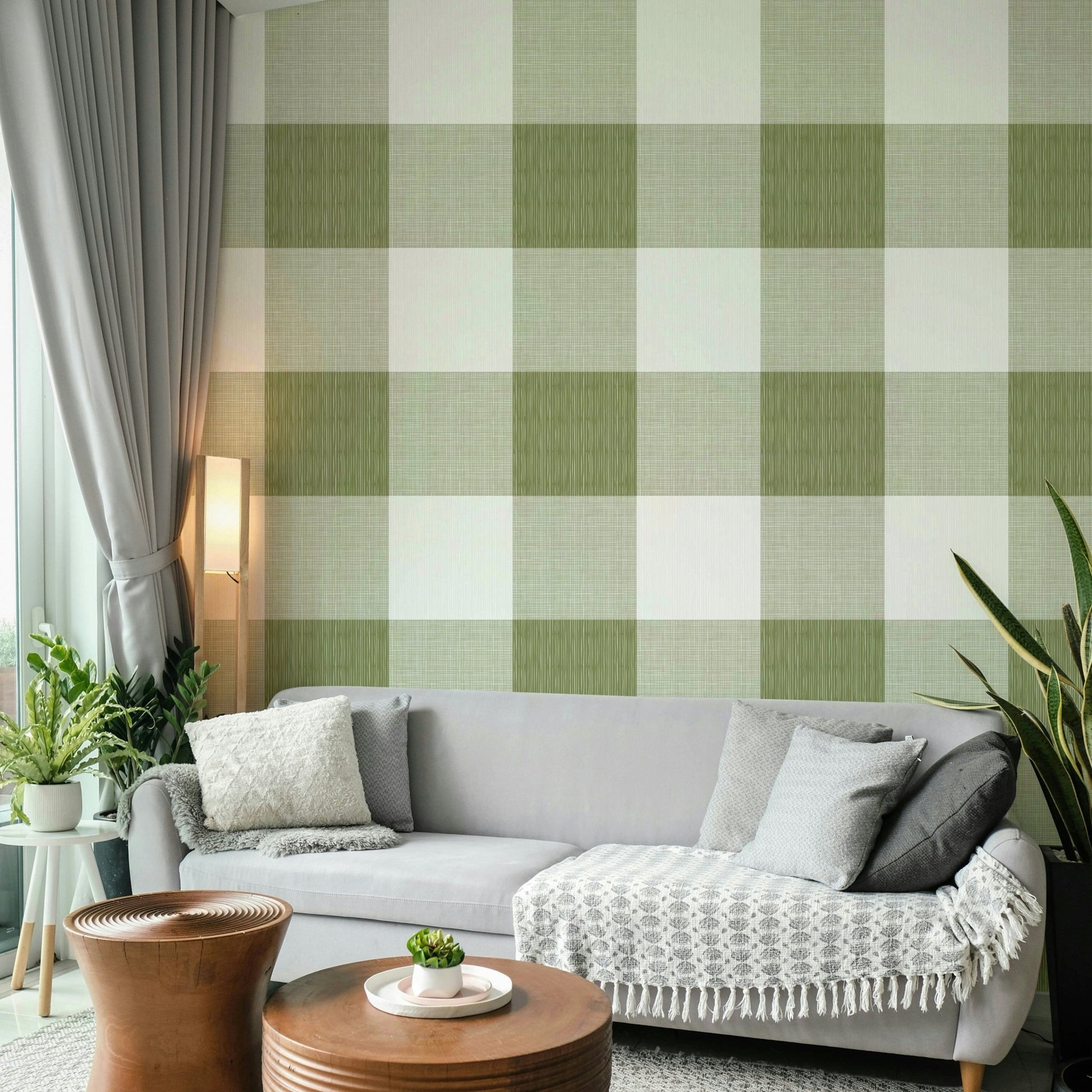 Earthy green plaid mural design GD696

