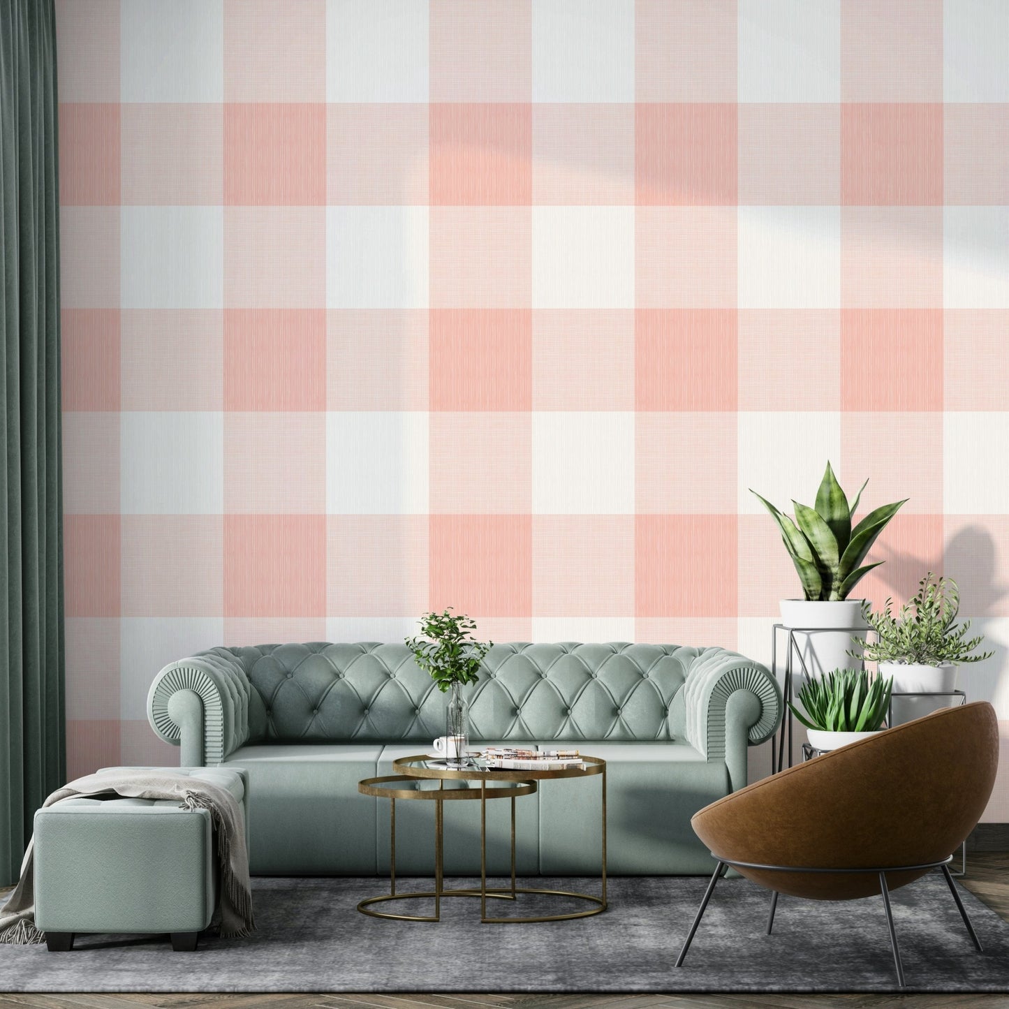 Pastel pink plaid mural design
