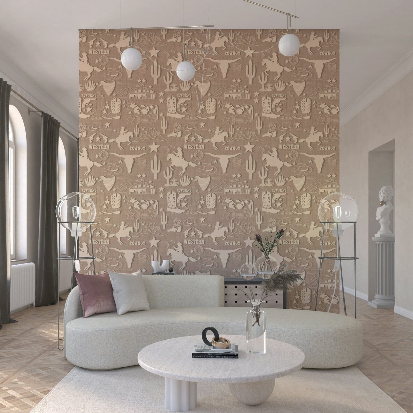 Charming cartoon saguaro cacti on Rustic Cowboy Dream Wallpaper.