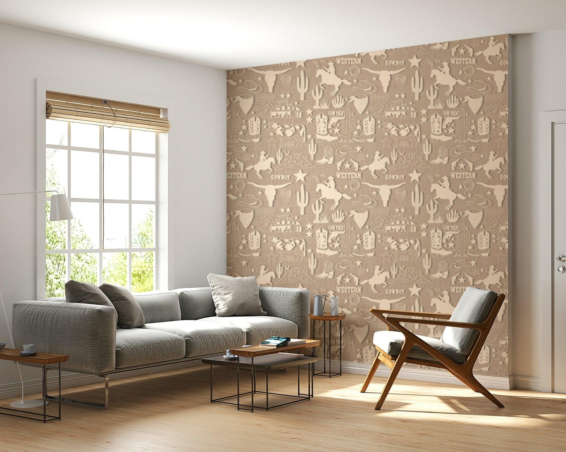 Unique cowboy riding horse scene on Rustic Cowboy Dream Wallpaper.