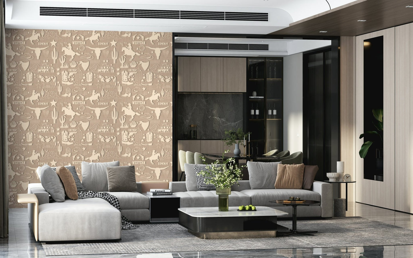 Cow skulls and bandanas on Rustic Cowboy Dream Wallpaper mural.